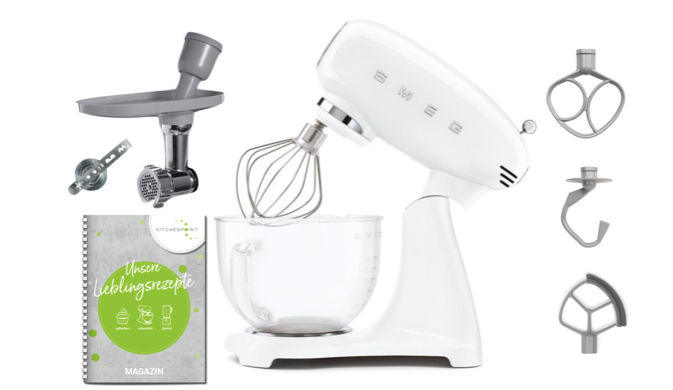 SMEG Küchenmaschine Vollfarbe Weiß SMF15 mit Glasschüssel - Back Set