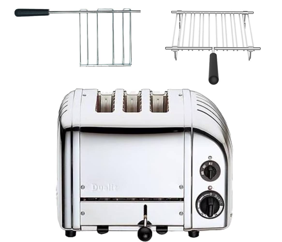 Dualit Classic Toaster 3 Scheiben Aluminium Poliert inkl. Sandwichzange und Brötchenaufsatz 